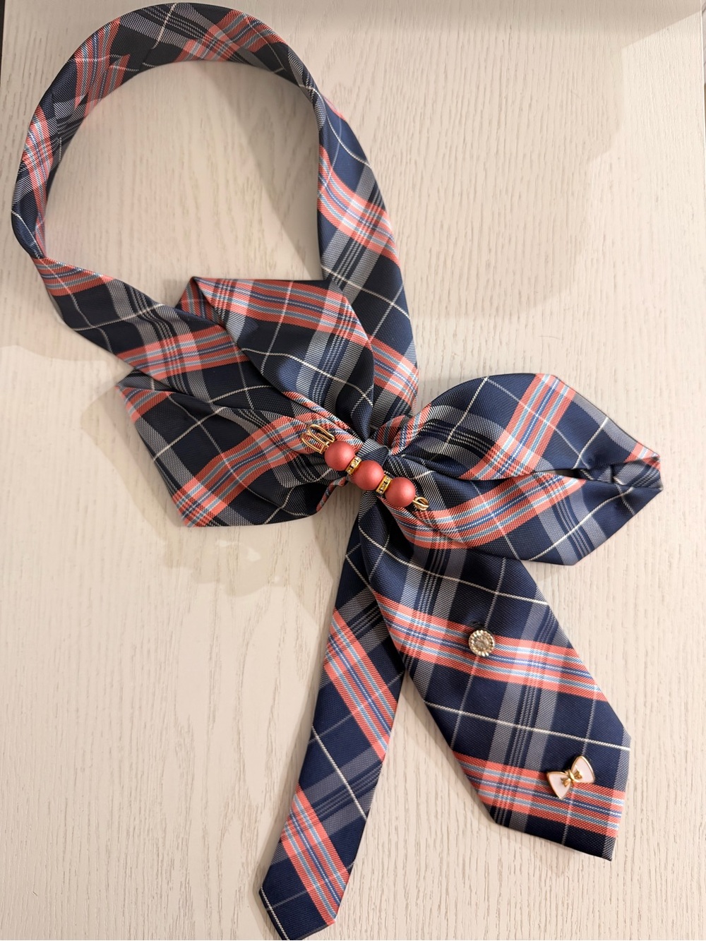 Plaid Bow Necklace with Coral Bead Accents - Picture 2 of 2